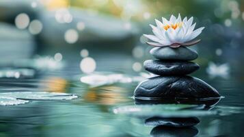 ai generiert Spa immer noch Leben mit Wasser Lilie und Zen Stein im ein Gelassenheit Schwimmbad foto