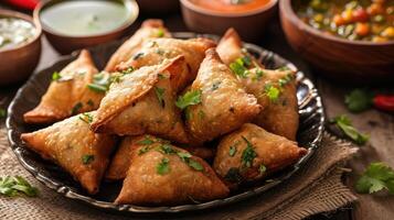 ai generiert Samosa würzig smosa iftaari Gericht indisch Ramadan Essen, pakistanisch iftar Mahlzeit. foto