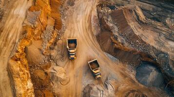 ai generiert Arbeit von Lastwagen und das Bagger im ein öffnen Grube auf Gold Bergbau foto