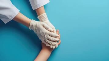 ai generiert Arzt Hände im Handschuhe halten Kinder Hände. medizinisch Banner mit Kopieren Raum auf Blau Hintergrund. Pflege Konzept. foto
