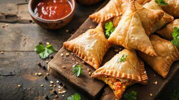 ai generiert gebraten Samosas mit Gemüse Füllung, Beliebt indisch Snacks auf hölzern Tafel foto