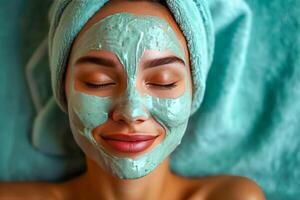 ai generiert jung Frau mit Haut Pflege Maske angewendet zu ihr Gesicht. ai generiert. foto
