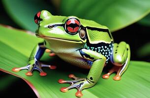 ai generiert ein tropisch Grün Frosch sitzt auf ein Ast von ein tropisch Pflanze. ai generiert. foto