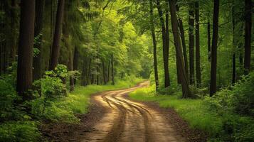 ai generiert Schmutz Straße inmitten Bäume im Wald foto