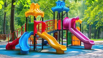 ai generiert bunt Spielplatz auf Hof im das Park foto