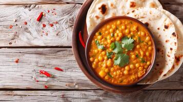 ai generiert indisch Beliebt Essen dal tadka Curry serviert mit Roti Fladenbrot Nahansicht auf das Tisch. horizontal oben Aussicht von über foto