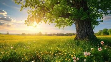 ai generiert Frühling Wiese mit groß Baum mit frisch Grün Blätter foto