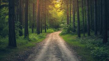 ai generiert Schmutz Straße inmitten Bäume im Wald foto