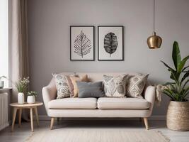 ai generiert Beige skandinavisch Sofa mit gemustert Kissen im stilvoll Leben Zimmer Innere foto