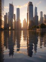 ai generiert Stadtbild beim golden Stunde, mit kompliziert Reflexionen von das Wolkenkratzer auf das glasig Oberfläche von ein See im das Park. foto