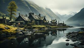 ai generiert Berg Landschaft mit alt Hütte, reflektieren Herbst Schönheit generiert durch ai foto