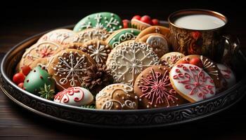 ai generiert hausgemacht Lebkuchen Kuchen auf hölzern Tisch, Weihnachten Feier generiert durch ai foto