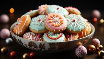 ai generiert hausgemacht Lebkuchen Kekse schmücken das festlich Weihnachten Baum generiert durch ai foto