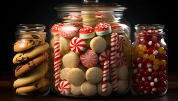 ai generiert hausgemacht Süßigkeiten Krug gefüllt mit bunt Gourmet Süßigkeiten generiert durch ai foto