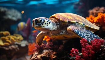 ai generiert unter Wasser Abenteuer Schildkröte Schwimmen im bunt Koralle Riff generiert durch ai foto