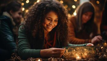 ai generiert lächelnd jung Frauen genießen Kerzenlicht Weihnachten Feier generiert durch ai foto