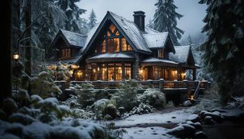 ai generiert Winter Nacht, schneit draußen, Holz Hütte, beleuchtet Fenster generiert durch ai foto