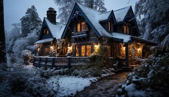 ai generiert Winter Nacht, schneit, Hütte, beleuchtet, Weihnachten Baum, gefroren generiert durch ai foto