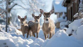 ai generiert süß Hirsch im Winter Wald, suchen beim Kamera generiert durch ai foto