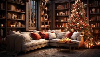 ai generiert komfortabel Sofa im ein modern, beleuchtet Leben Zimmer generiert durch ai foto