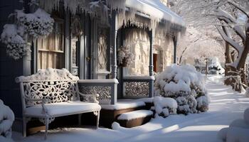 ai generiert Winter Landschaft Schnee bedeckt Bäume, eisig Fenster, friedlich Nacht generiert durch ai foto