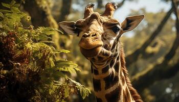 ai generiert Giraffe im das wild, suchen beim Kamera generiert durch ai foto