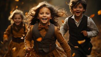 ai generiert lächelnd Kinder spielen draußen, genießen Herbst Feierlichkeiten generiert durch ai foto