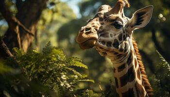 ai generiert Giraffe im das wild, suchen beim Kamera generiert durch ai foto