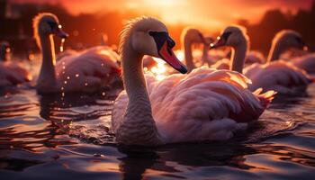 ai generiert Schwan gleitet auf Teich, reflektieren Sonnenuntergang Eleganz generiert durch ai foto