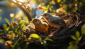 ai generiert süß Baby Hähnchen Sitzung auf Zweig, draußen generiert durch ai foto