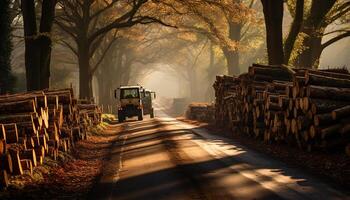 ai generiert Herbst Wald, LKW liefern Holz auf Land Straße generiert durch ai foto