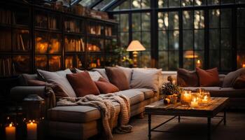 ai generiert modern Leben Zimmer mit komfortabel Sofa und elegant Beleuchtung generiert durch ai foto