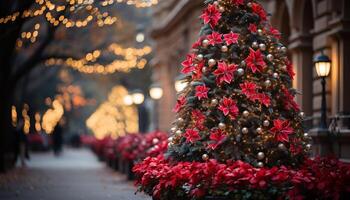 ai generiert Weihnachten Baum beleuchtet mit multi farbig Weihnachten Beleuchtung generiert durch ai foto