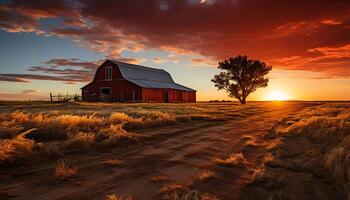 ai generiert Sonnenuntergang Über ein rustikal Bauernhof, Natur still Schönheit generiert durch ai foto