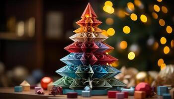 ai generiert hell Weihnachten Baum beleuchtet mit multi farbig Beleuchtung generiert durch ai foto