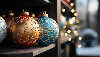 ai generiert Weihnachten Ornament glühend auf ein Blau Weihnachten Baum generiert durch ai foto