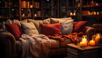 ai generiert gemütlich Leben Zimmer mit Sanft Sofa und Kerzenlicht generiert durch ai foto