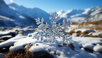 ai generiert Winter Landschaft Schnee bedeckt Berge, gefroren See, Blau Himmel generiert durch ai foto