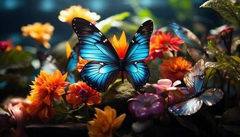 ai generiert beschwingt farbig Schmetterling Tänze inmitten Blühen Blumen generiert durch ai foto