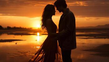 ai generiert romantisch Sonnenuntergang, Liebe, und Glück Umarmung das Paar generiert durch ai foto