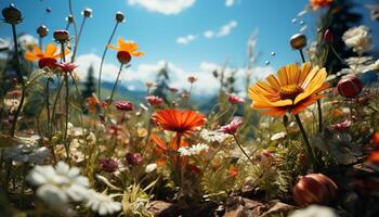 ai generiert beschwingt Gelb Gänseblümchen Blüten im das Wiese generiert durch ai foto