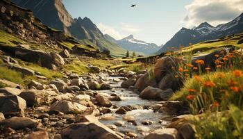 ai generiert majestätisch Berg Gipfel im still Wiese, unberührt Wildnis generiert durch ai foto