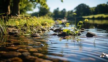 ai generiert still Szene von ein Teich reflektieren Grün Laub generiert durch ai foto