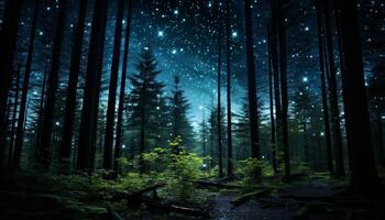 ai generiert mysteriös dunkel Wald beleuchtet durch glühend Sternenlicht generiert durch ai foto