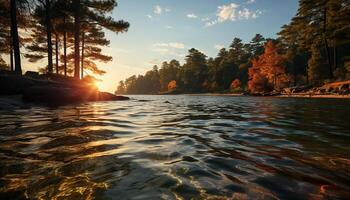 ai generiert still Szene von Sonnenuntergang Über Wald und Teich generiert durch ai foto