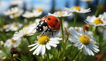 ai generiert schließen oben von Marienkäfer auf Grün Gänseblümchen Blume generiert durch ai foto