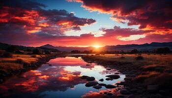 ai generiert Sonnenuntergang Über das still Berg Bereich, reflektieren im Wasser generiert durch ai foto