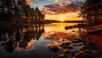 ai generiert Sonnenuntergang Über das still Wasser, reflektieren beschwingt Herbst generiert durch ai foto