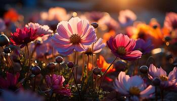 ai generiert beschwingt farbig Blumen blühen im ein Wiese beim Sonnenuntergang generiert durch ai foto