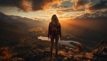 ai generiert einer Person Wandern Berg Gipfel beim Sonnenaufgang generiert durch ai foto